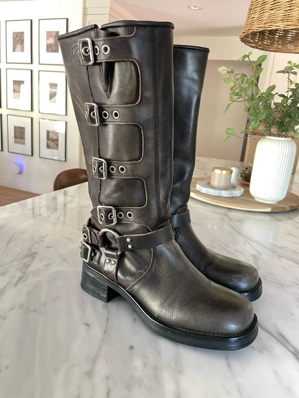 Steve Madden Rocky Knee High Biker Boots Distressed Moto Size 9 - Picture 3 of 11